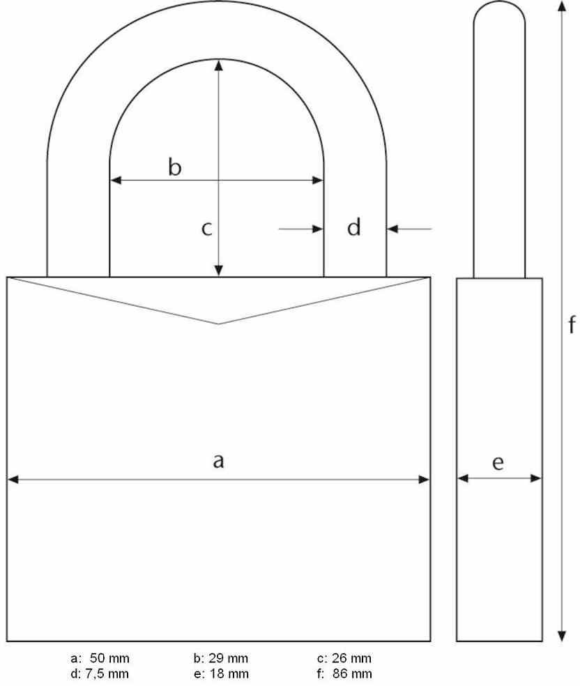 Zeichnung eines Vorhängeschlosses mit Maßen. Breite: 50 mm, Bügellänge: 29 mm, Tiefe: 18 mm, Gesamthöhe: 86 mm.