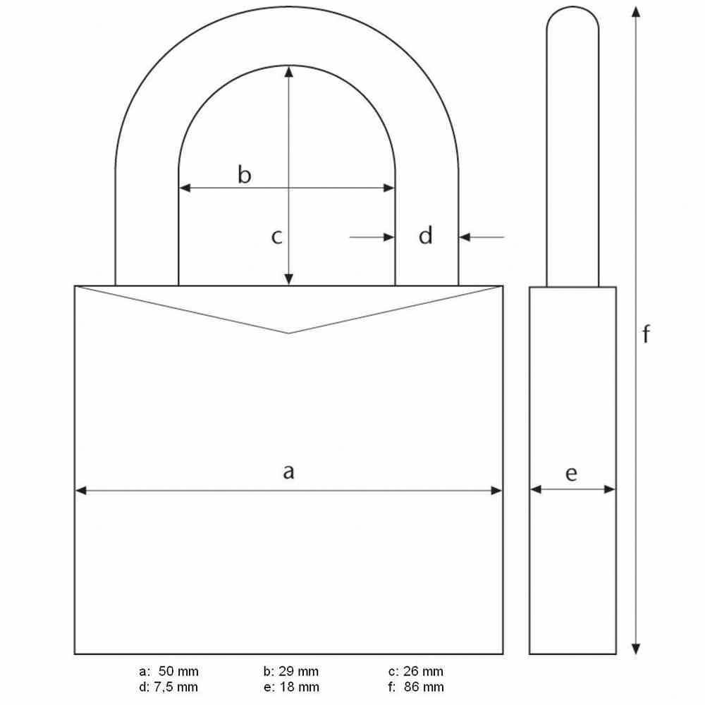 Zeichnung eines Vorhängeschlosses mit Maßangaben: Breite a = 50 mm, Bügeldurchmesser b = 29 mm, Bügelhöhe c = 26 mm, Längswerk d = 7,5 mm, Schieberhöhe e = 18 mm, Gesamthöhe f = 86 mm.