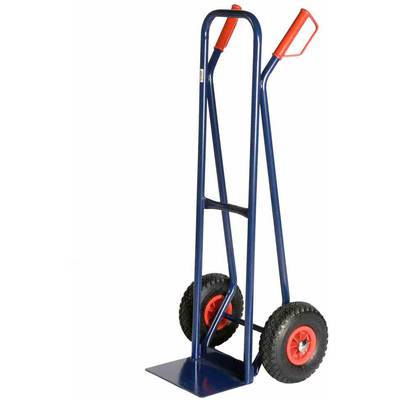 Ein blauer Sackkarren mit roten Griffen und Reifen, stehend aufrecht. Ideal zum Transport schwerer Gegenstände.