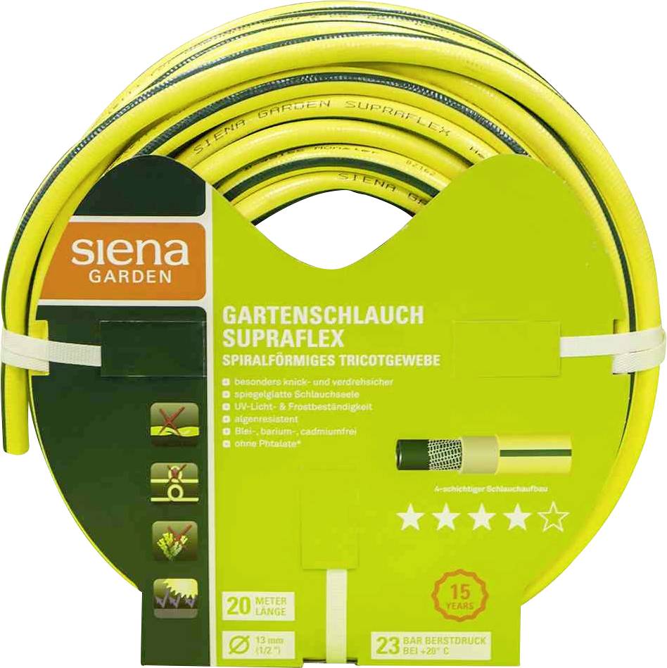 Gartenschlauch in Spiralfunktion, 20 Meter Länge, 23 bar, -20°C bis +65°C. Marke: Siena Garden, Modell: SupraFlex.