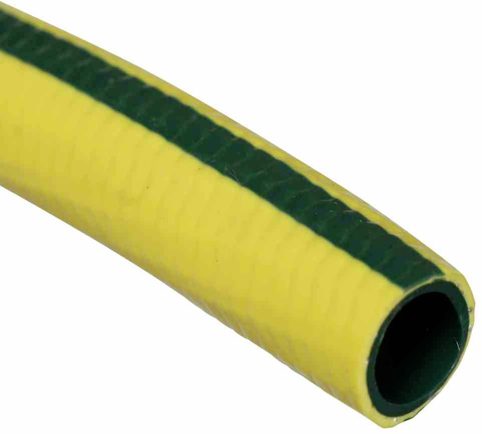 Ein gelber Gartenschlauch mit grünem Streifen, der zu einem Wasseranschluss führen könnte.