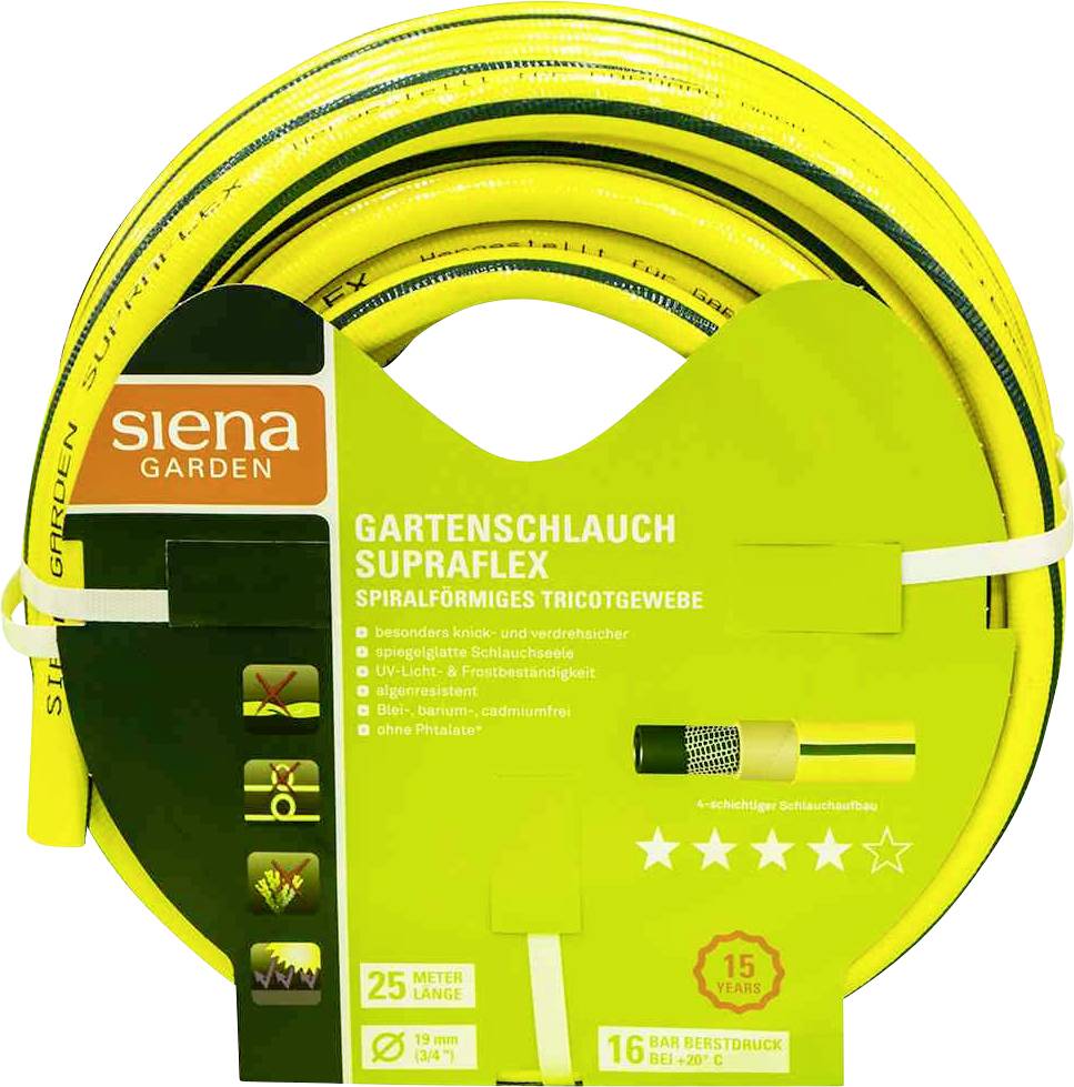 Gelber Gartenschlauch 'SUPRAFLEX' von Siena Garden, 25 Meter lang, für 16 Bar Druck, resistent, Spiralgewebe, 15 Jahre Garantie.