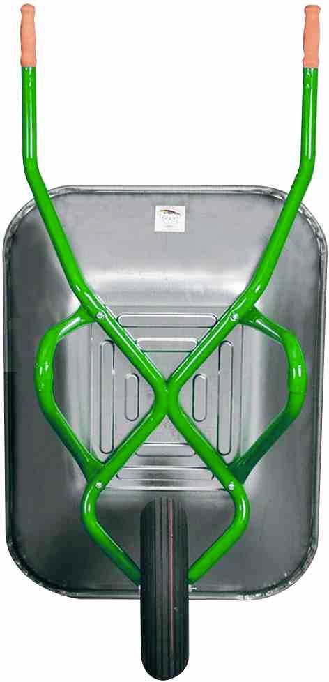 Eine Schubkarre mit grünem Rahmen und grauer Ladefläche, stehend auf einem Rad. Ideal für Garten- oder Bauarbeiten geeignet.