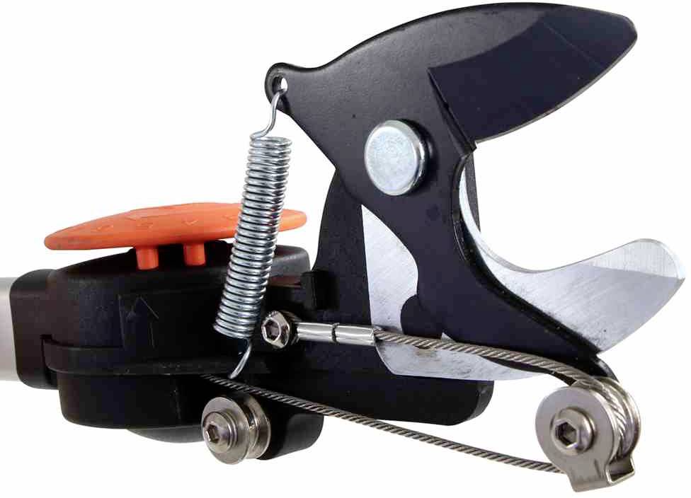 Rosenschere mit schwarzem Griff, Metallklingen und Federmechanismus.