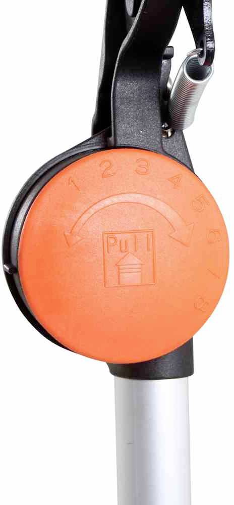 Ein schwarzer Hebel mit einer orangefarbenen Einstellscheibe auf einem silbernen Stift. Die Scheibe zeigt Zahlen von 1 bis 8.
