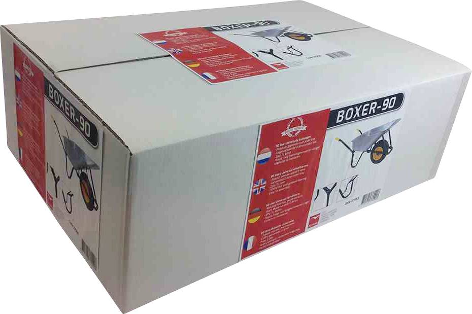 Verpackung für eine Schubkarre 'BOXER-90' mit Abbildungen und Beschreibungen in mehreren Sprachen. Enthält Produktinformationen.