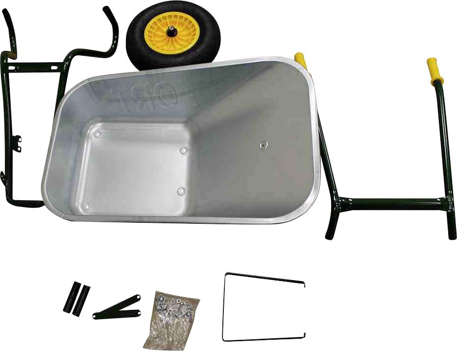 Eine zerlegte Schubkarre mit Metallwanne, einem Rad, Griffen und Montagematerial, bereit zur Montage.
