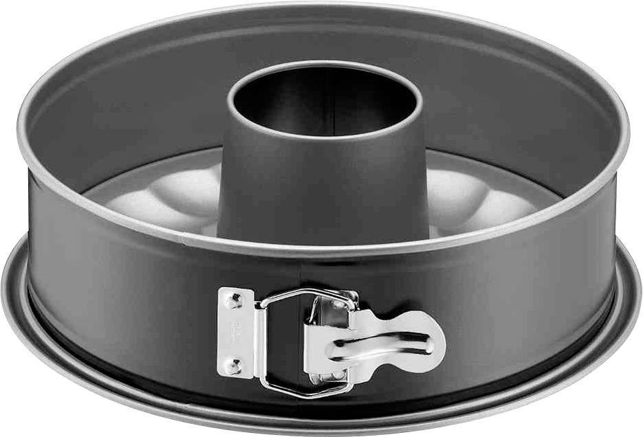 Runde Springform mit Rohrboden und Verschluss, graue Antihaftbeschichtung. Geeignet für Kuchenbacken mit einem Mittelrohr für gleichmäßiges Backen.
