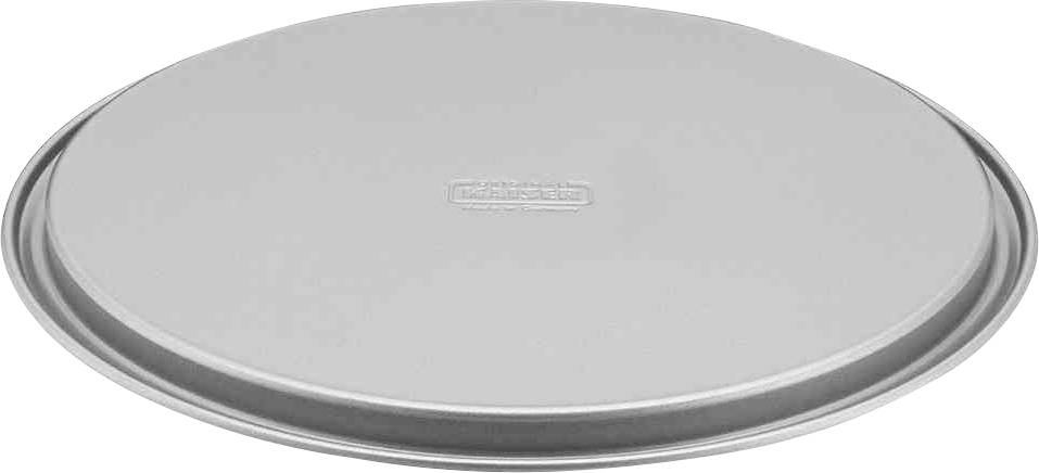 Eine runde, flache, silberne Backform oder ein Pizzablech mit leicht erhöhtem Rand, geeignet zum Backen oder Servieren von Speisen.