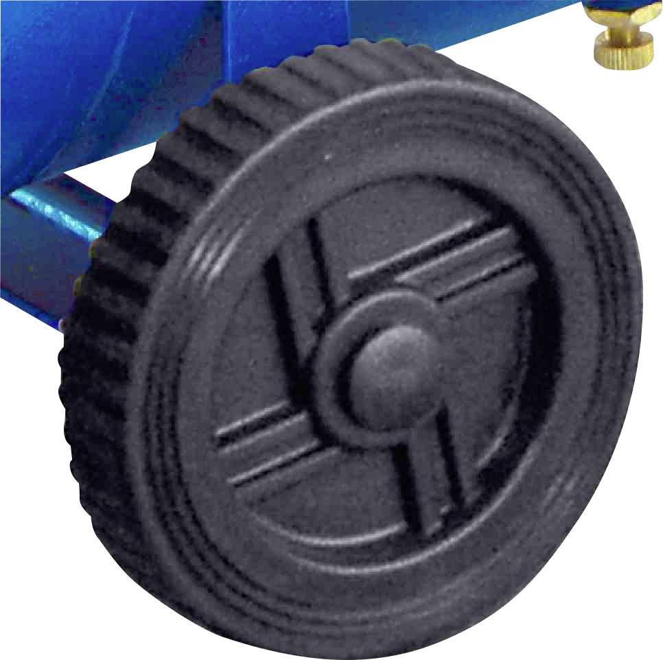 Ein schwarzes Kunststoffrad mit geriffelter Lauffläche, befestigt an einem blauen Metallgestell.