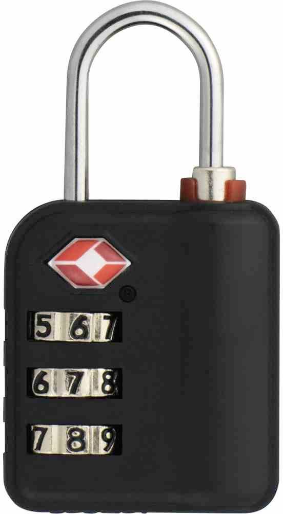 Schwarzes Zahlenschloss mit drei Zahlenscheiben, geöffnetem Bügel und rotem TSA-Symbol.