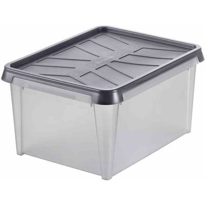 Eine transparente Kunststoffbox mit dunklem, fest verschließbarem Deckel. Ideal zur Aufbewahrung von Gegenständen.
