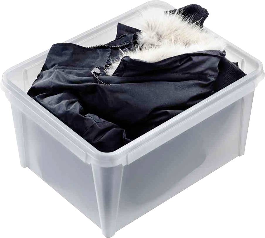 Eine durchsichtige Plastikbox enthält eine zusammengelegte schwarze Jacke mit Pelzkragen.
