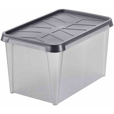 Eine durchsichtige Plastik-Aufbewahrungsbox mit schwarzem Deckel, Ecken sind leicht abgerundet. Ideal zur Lagerung von Gegenständen.