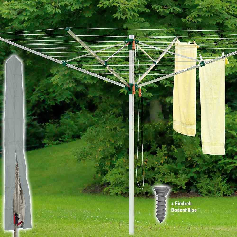 'Wäschespinne im Garten mit aufgehängten Handtüchern, links eingefahrene Version, unten Bodenhülse.'