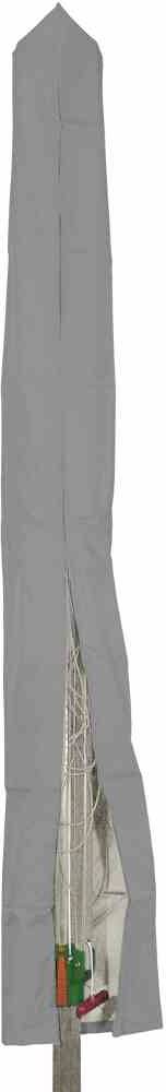 Sonnenschirm mit grauer Schutzhülle überzogen, teilweise geöffnet, um die Struktur und den unteren Teil des Schirms zu zeigen.