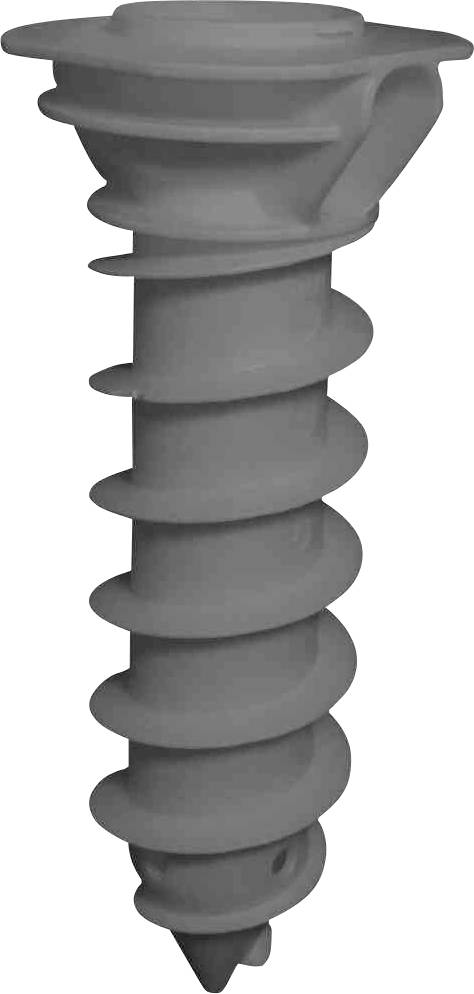 Rundgewindeschraube aus Kunststoff mit breitem Kopf und spitzer Spitze, geeignet für die Befestigung in weichen Materialien.