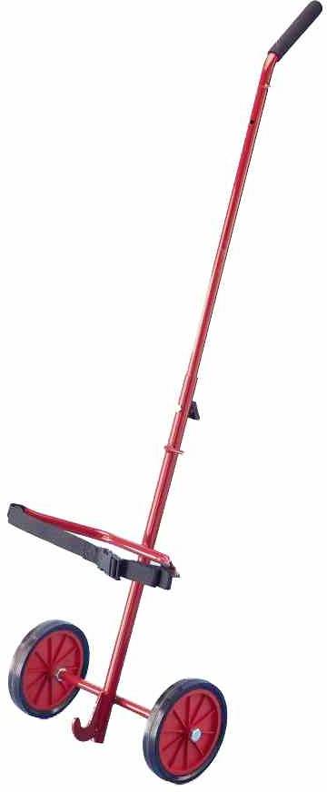 Roter Transportwagen mit zwei Rädern, langem Griff und Plattform zum Tragen von Lasten. Geeignet für den Einsatz in Lager oder Haushalt.