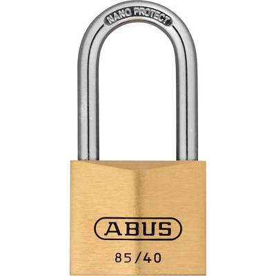 Vorzuhängeschloss aus Messing der Marke ABUS, mit der Gravur '85/40'. Das Bügelschloss hat eine glänzende, silberne Bügelbeschichtung.