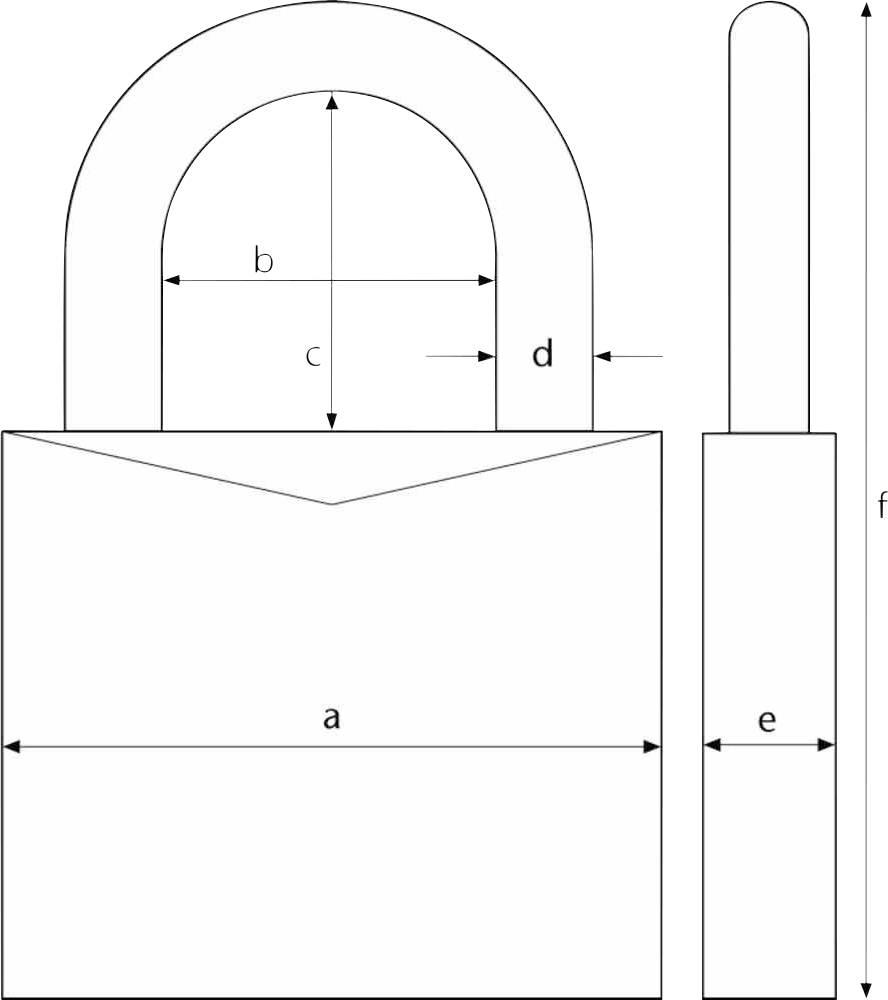 Skizze eines Vorhängeschlosses mit Maßangaben: Breite (a), Höhe (f), Bügeldurchmesser (d), Bügelbreite (b), Bügelhöhe (c).