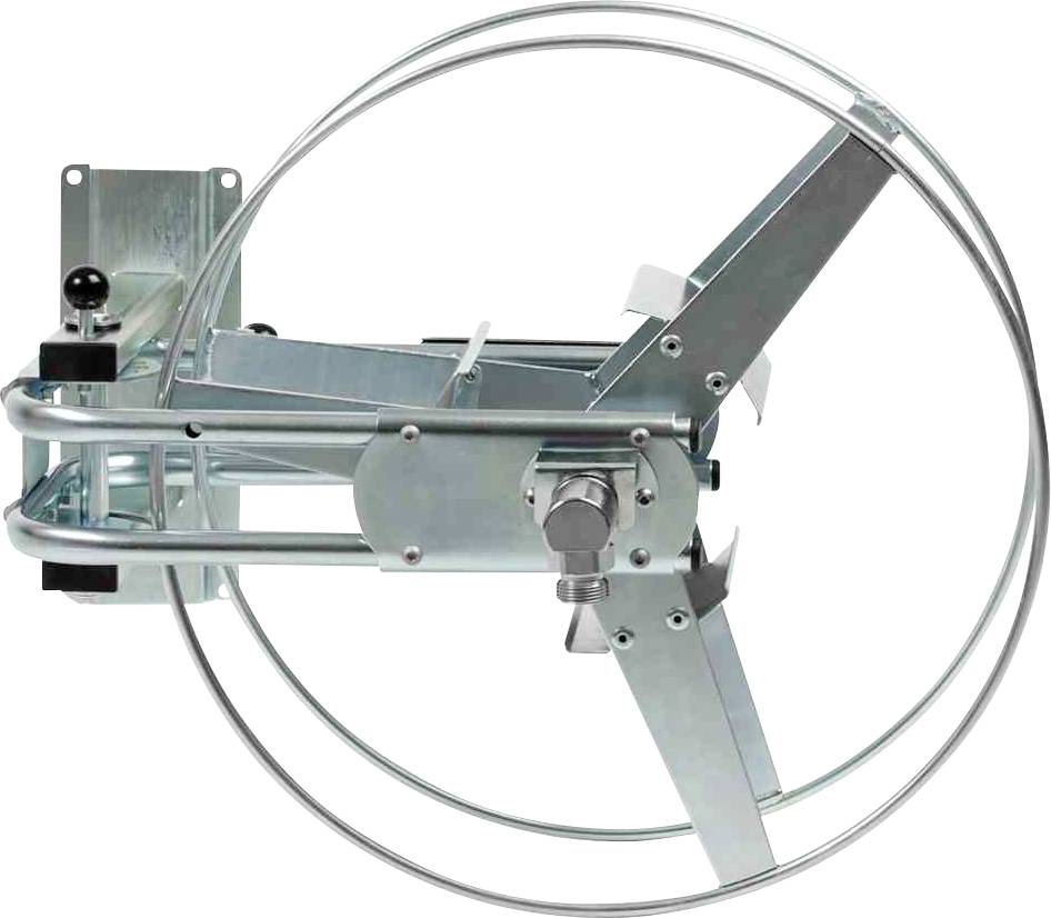 'Metallische manuelle Kurbelwinde mit zwei großen Zahnrädern und Griff zur Wandmontage.'