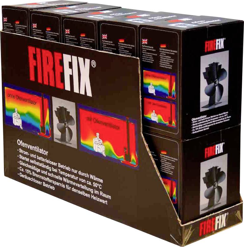 Verpackung eines Ofenventilators der Marke 'FIREFIX'. Der Ventilator arbeitet ohne Strom, nutzt Wärmeenergie und verbessert die Luftverteilung. Geeignet für Temperaturen ab 50°C.