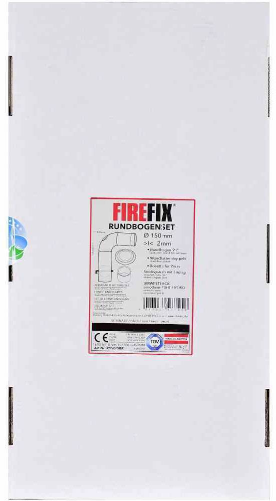 'Firefix Rundbogenset, Ø 150 mm, 3-tlg., 37°/45°, Stahlblech, feueraluminiert.' Verpackung mit schematischer Zeichnung und technischem Text.