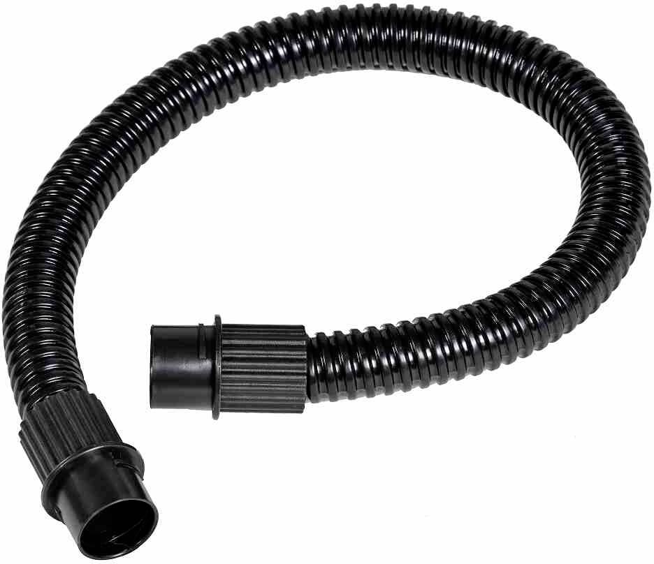 Schwarzer, flexibler Plastikschlauch mit geripptem Design, geeignet für den Anschluss an Staubsauger oder ähnliche Geräte.