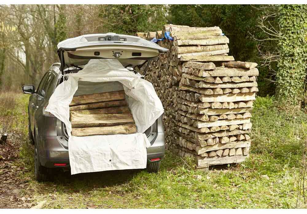 Auto mit geöffnetem Kofferraum, beladen mit Holzscheiten. Daneben gestapelte Holzscheite auf einer Wiese in waldreicher Umgebung.