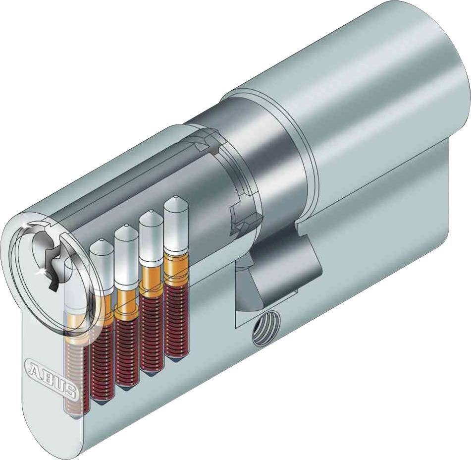 Querschnitt eines Zylinderschlosses mit fünf Sperrstiften und Schließmechanismus.