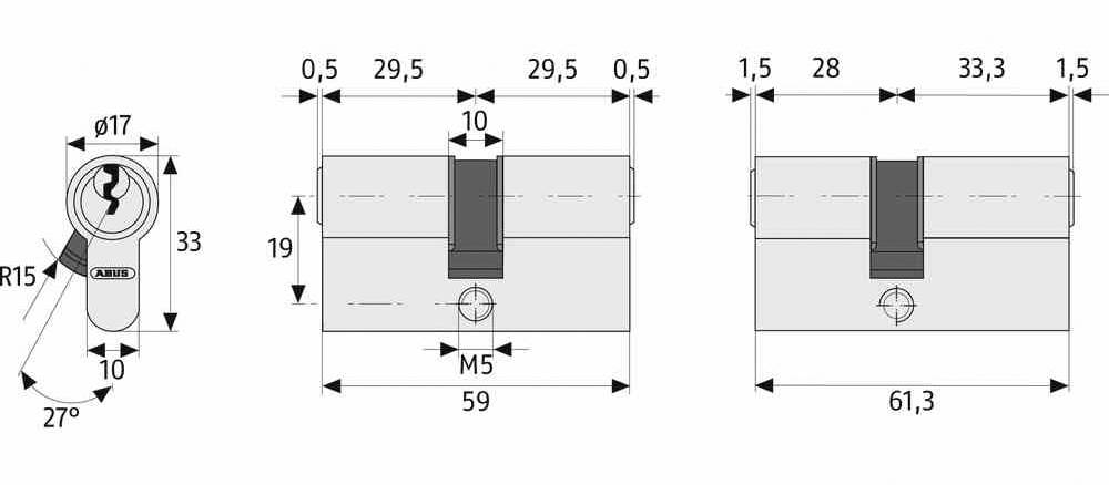 Schlosszylinder mit technischen Maßen: Links zeigt Queransicht mit Ø17mm, 27° Winkel. Rechts Draufsicht mit Längen 59mm und 61,3mm.