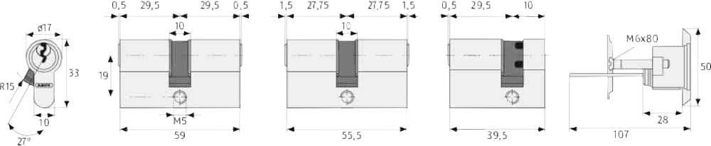 Technische Zeichnung eines Schließzylinders, zeigt Maße und Abstände: Durchmesser 17mm, Gesamtlänge 55,5mm, Schlitzbreite 5mm.