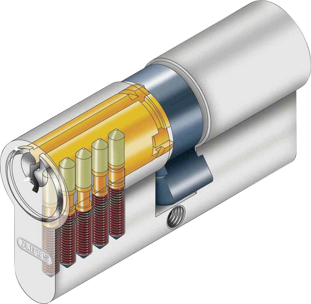 Querschnitt eines Zylinderschlosses mit sichtbaren Pins und Federn. Zeigt die Funktionsweise eines Schließmechanismus.