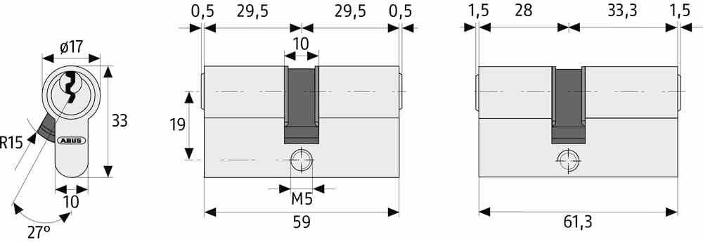 Zeichnung eines Schließzylinders mit Maßen: 59 mm und 61,3 mm Länge, 29,5 mm und 33,3 mm Breite, Lochgröße M5, Schlüsselloch mit 17 mm Durchmesser und einem Winkel von 27 Grad.