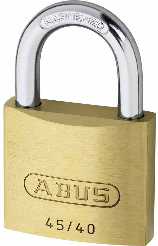 Ein Vorhängeschloss aus Metall mit der Aufschrift 'ABUS' und '45/40'. Es symbolisiert Sicherheit und Schutz.