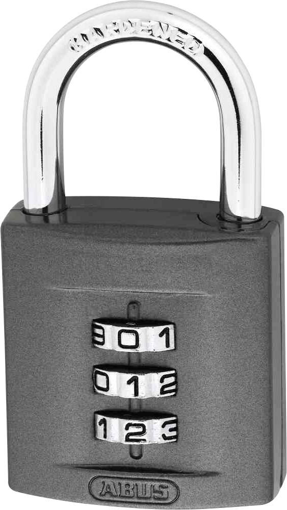 Ein schwarzes Zahlenschloss mit drei Zahlenrädern und silbernem Bügel. Oben steht 'LOCK' und unten 'AIRUS'.