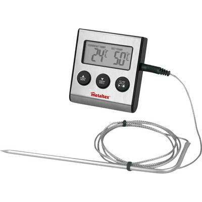 Digitales Küchenthermometer mit großer Anzeige zeigt aktuelle Temperatur von 24°C und Zieltemperatur von 50°C an, Edelstahlsonde angeschlossen.