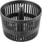 Schwarze Kunststoffkörbchen, perforiert mit vertikalen Schlitzen, zylindrische Form, möglicherweise Teil eines Haushaltsgeräts.