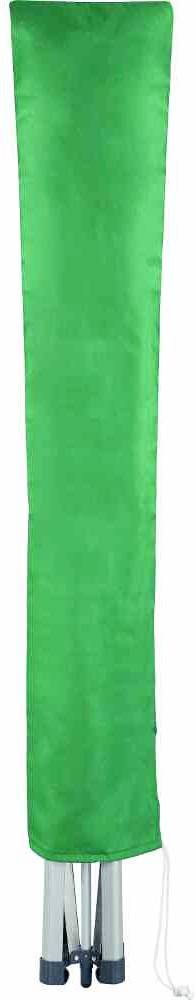 Grüner Ständer mit zusammengeklapptem silbernen Gestell unten, möglicherweise für einen Sonnenschirm.