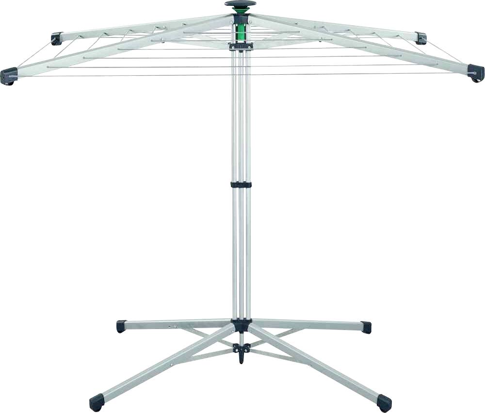 'Wäschespinne mit mehreren Armen aus Metall, auf einem stabilen Ständer, zum Trocknen von Kleidung im Freien.'