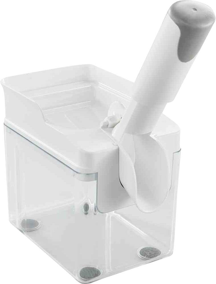 Ein weißer Behälter mit durchsichtigem Boden und einem passenden weißen Löffel, der an der Seite aufbewahrt wird. Geeignet für Küchenzutaten.