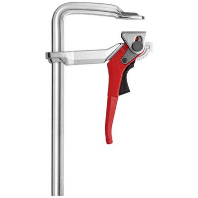Metallzwinge mit rotem Griff und Schnellspannmechanismus, geeignet zum Fixieren von Werkstücken beim Arbeiten.