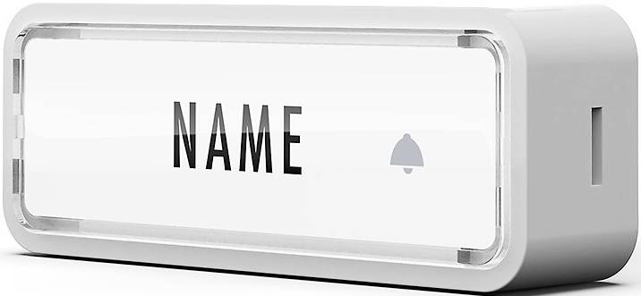 Weißer Lichtkasten mit der Aufschrift 'NAME' und einer Glockensymbolabbildung.
