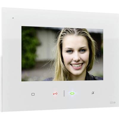 Farbvideotürsprechanlage mit einem Bildschirm, der das Bild einer lächelnden jungen Frau zeigt.
