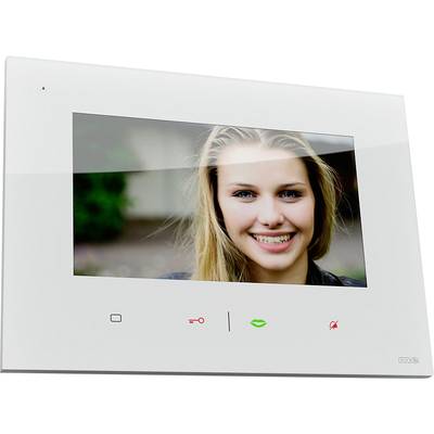 Ein weißer Video-Türsprechanlage-Bildschirm zeigt das Bild einer lächelnden Frau. Unten sind Symbole für verschiedene Funktionen.