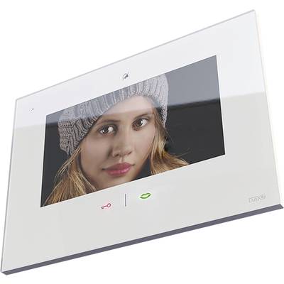 Ein Videotelefon mit einem Display, das das Bild einer Person in Nahaufnahme zeigt. Das Gerät hat Symbole für Schloss und Lautsprecher.