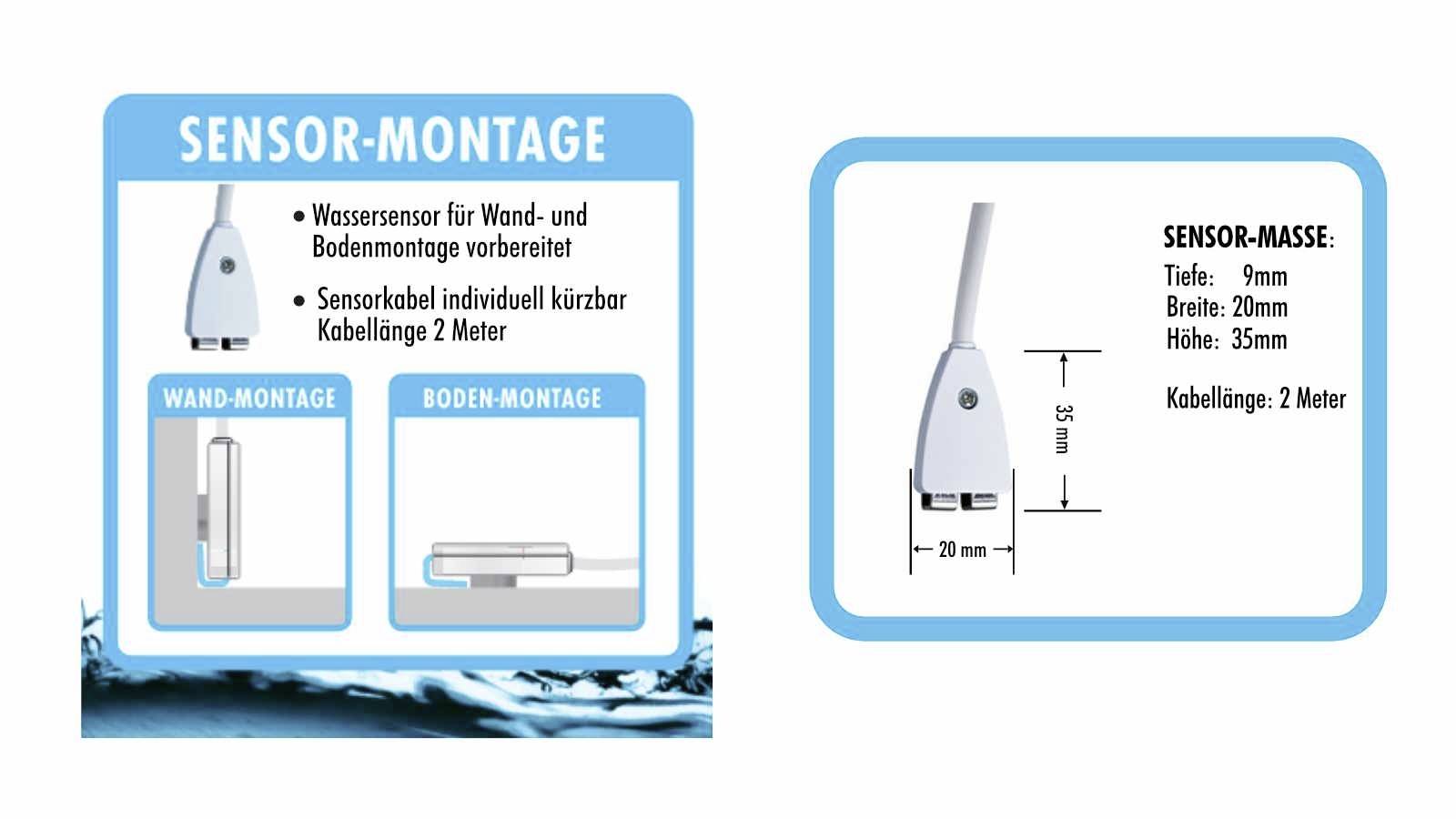'Sensor-Montage' beschreibt Wasser-Sensor für Wand- und Bodenmontage. Maße: Tiefe 9mm, Breite 20mm, Höhe 35mm, Kabellänge 2m.