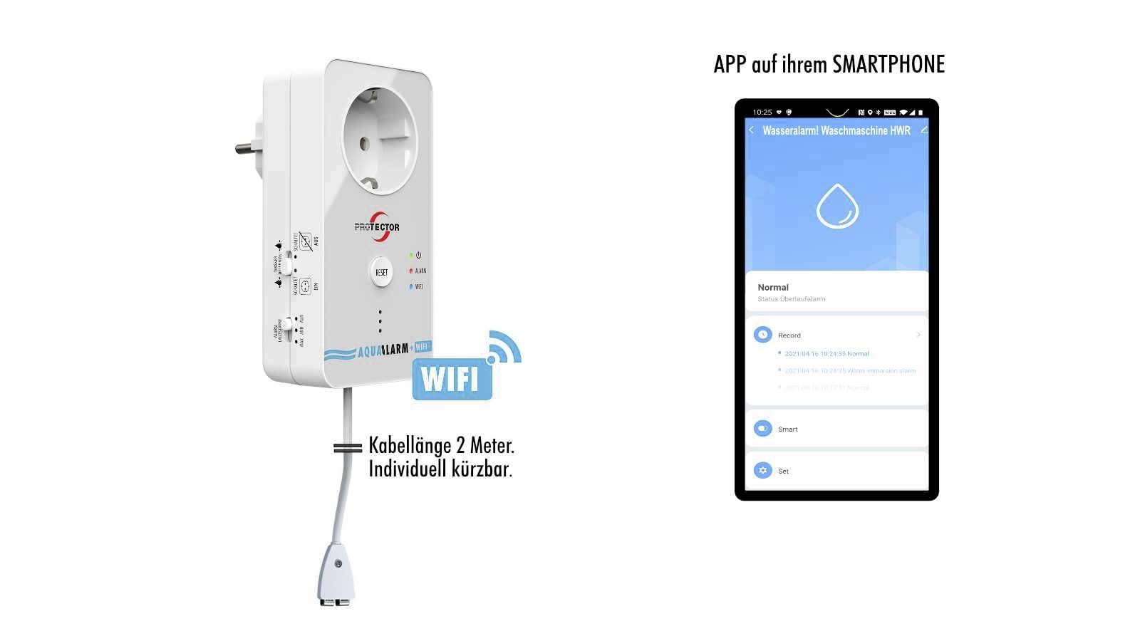 WLAN-Steckdose mit Kabel und zwei Meter Länge, individuell kürzbar. App auf Smartphone zur Steuerung der Wassermenge.