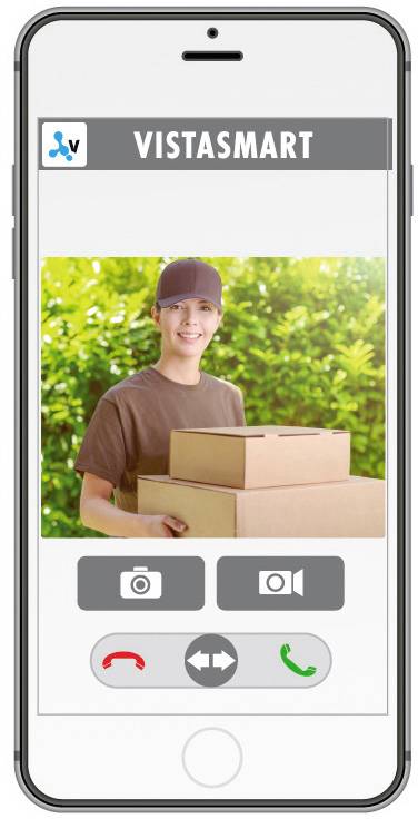 Lieferbote in Uniform hält zwei Kartons. Bild auf Smartphone-Bildschirm mit Anruf- und Foto-Symbolen.