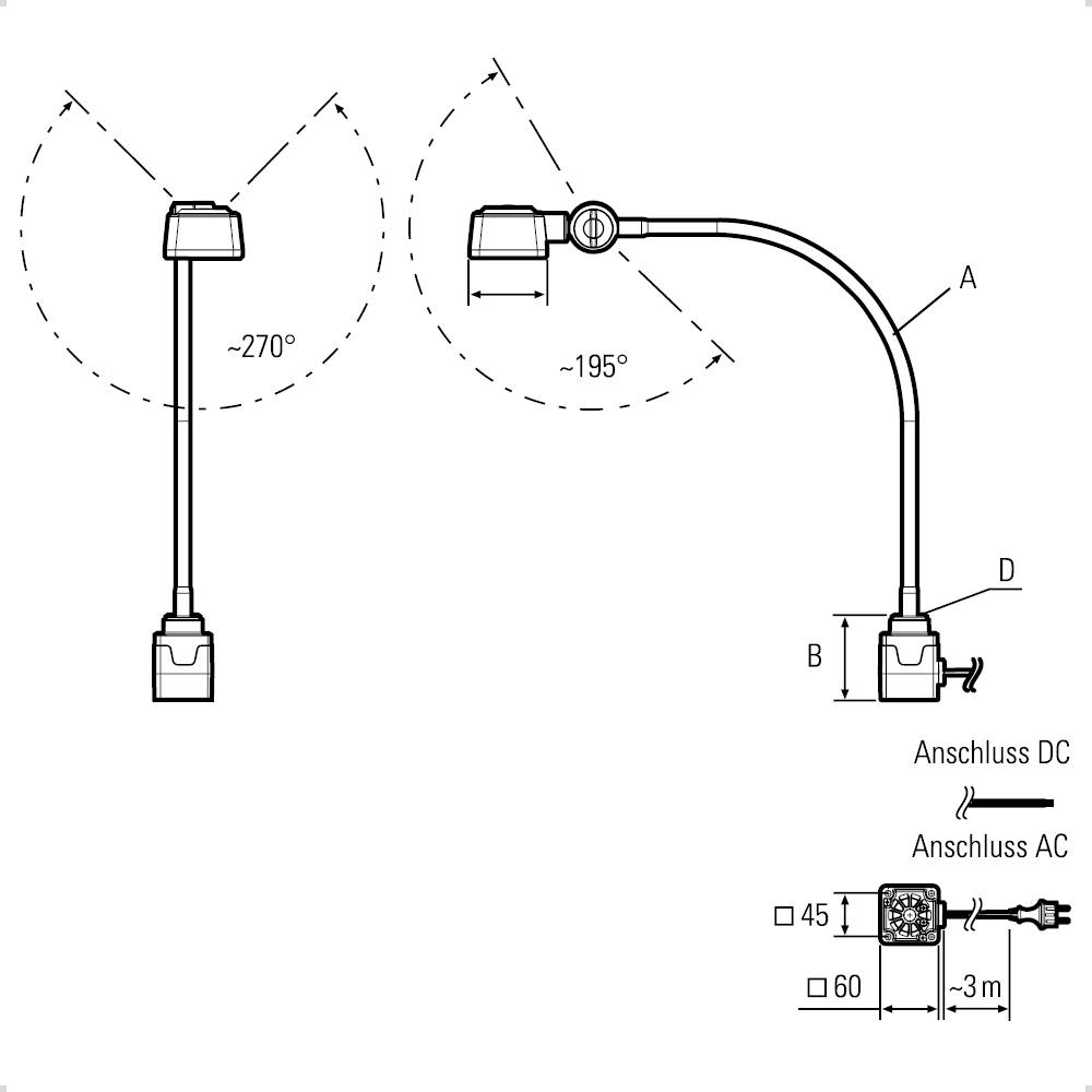 Technische Zeichnung einer Lampe mit Schwenkbereich von 270° und 195°. Anschlussoptionen: DC und AC. Abmessungen: A, B, D sind markiert.